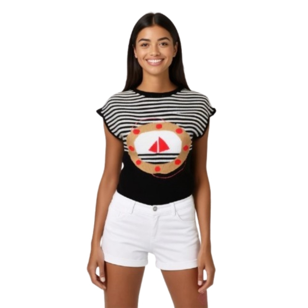 VINTAGE Striped Sailboat Lifebuoy Nautical Ocean Short Sleeved Sweater Top
